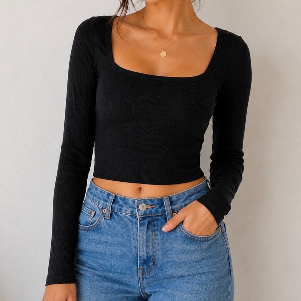 Wild Fable Black Ribbed Square Neck Long Sleeve Crop Top M Y2K Minimalist Basics